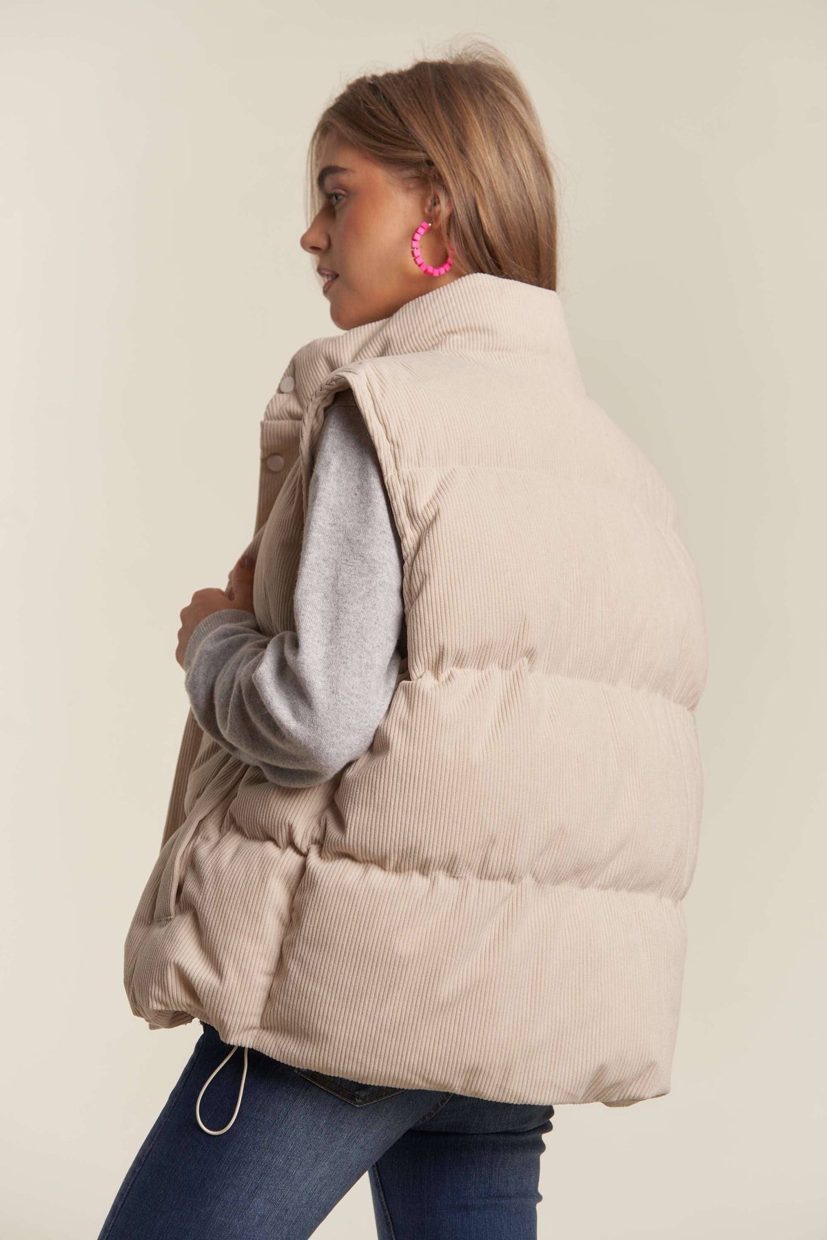 Ivory Button Down Corduroy Puff Vest