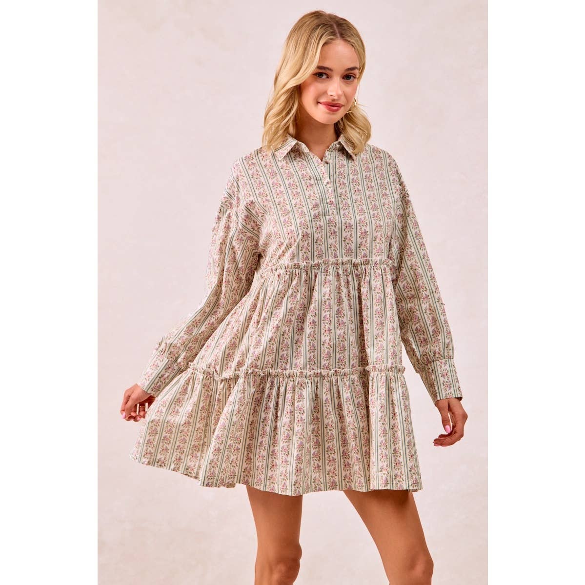 Floral Striped Dress with Tiered Ruffle