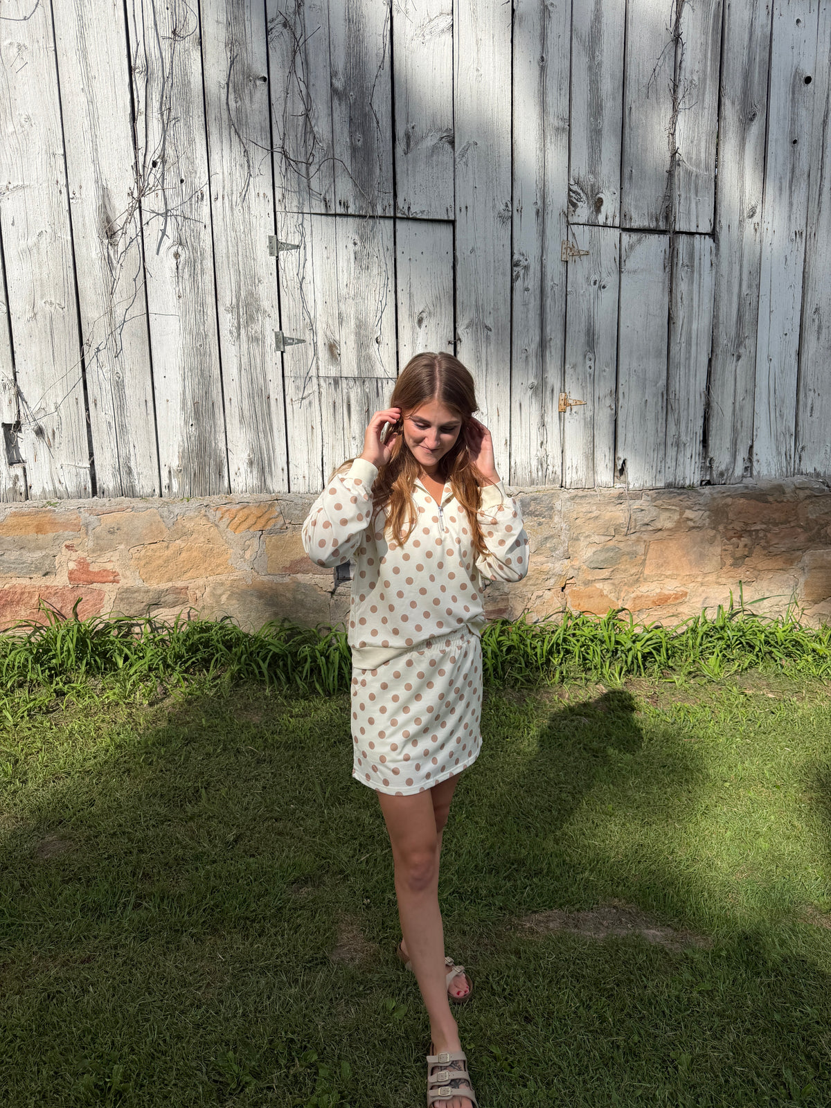 Polka Dot Hooded Long Sleeve Top Casual Mini Skort Set