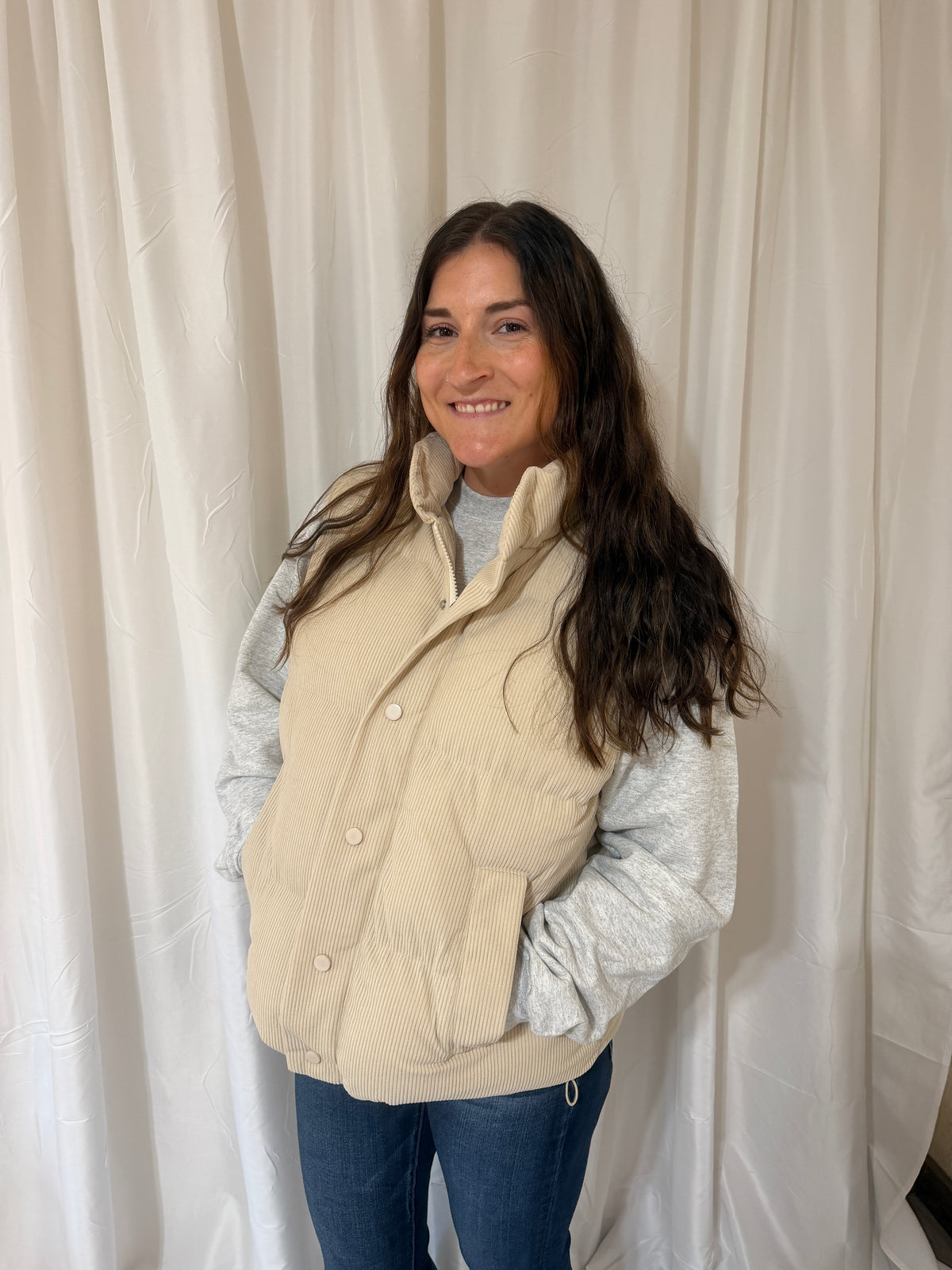 Ivory Button Down Corduroy Puff Vest