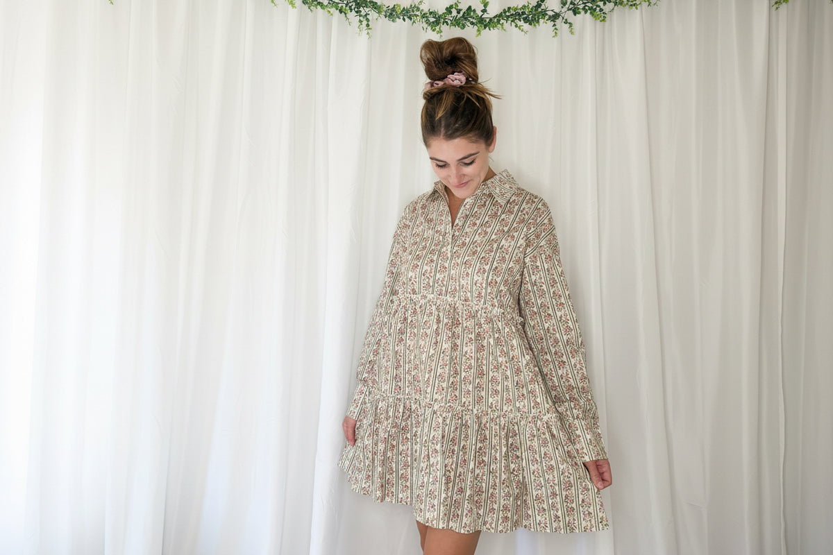 Floral Striped Dress with Tiered Ruffle