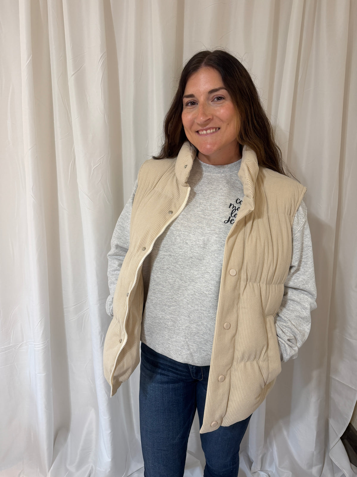 Ivory Button Down Corduroy Puff Vest