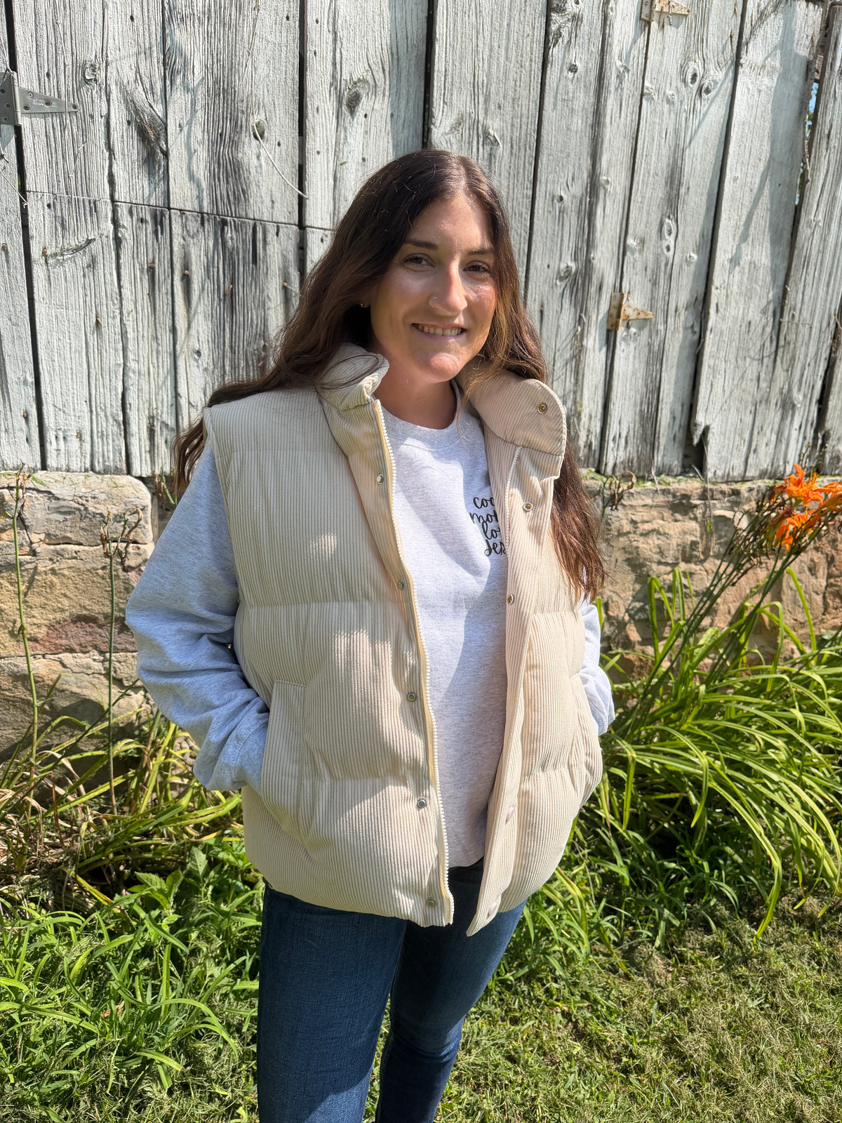 Ivory Button Down Corduroy Puff Vest