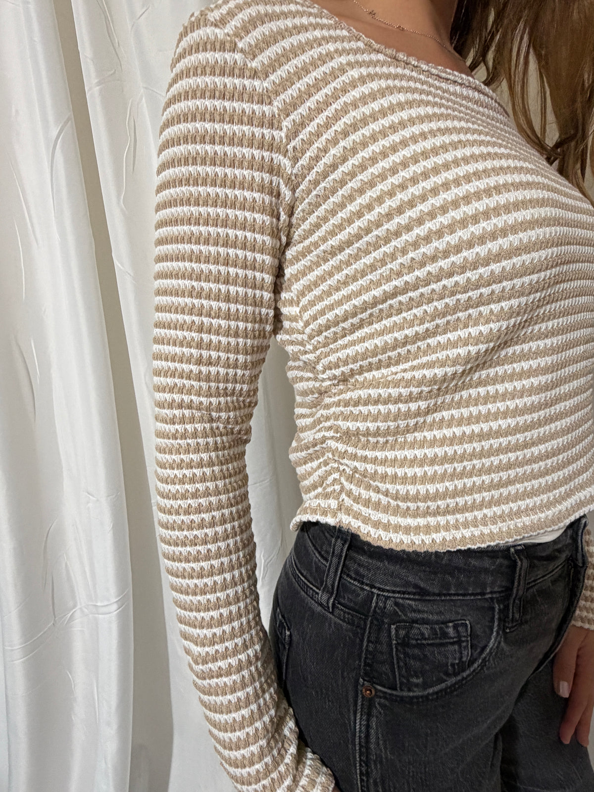 Square Neck Slim Fit Knit Top: Beige