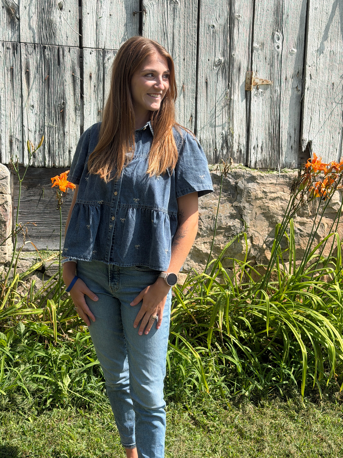 Bow Embroidered Denim Tiered Top