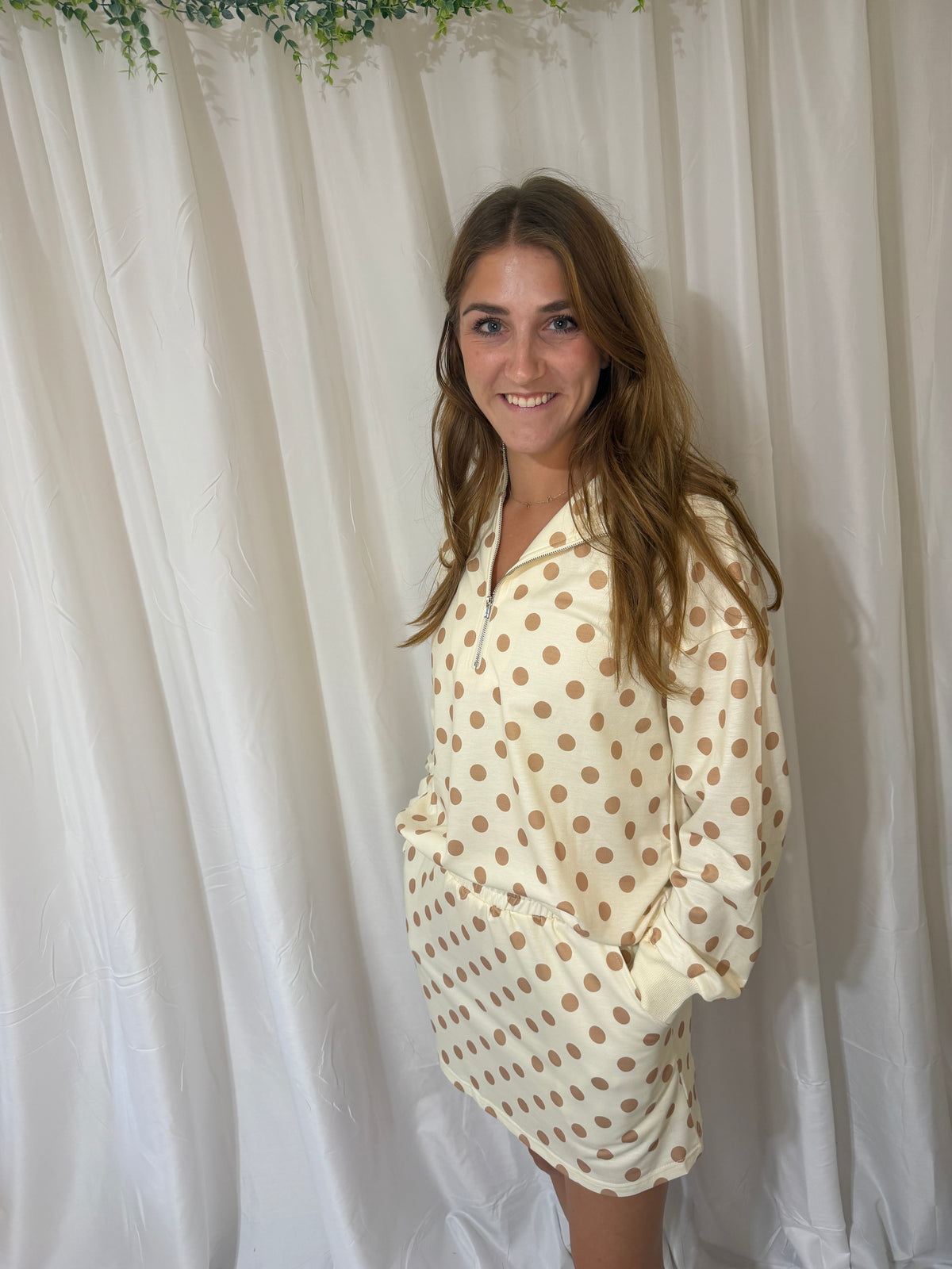 Polka Dot Hooded Long Sleeve Top Casual Mini Skort Set