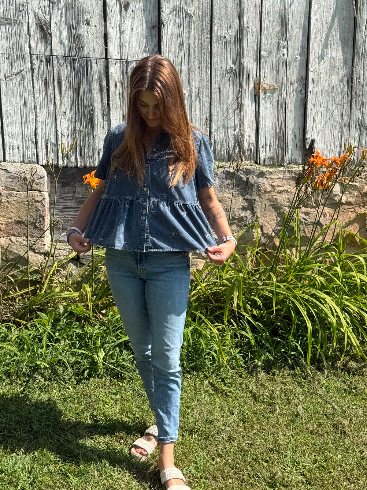 Bow Embroidered Denim Tiered Top
