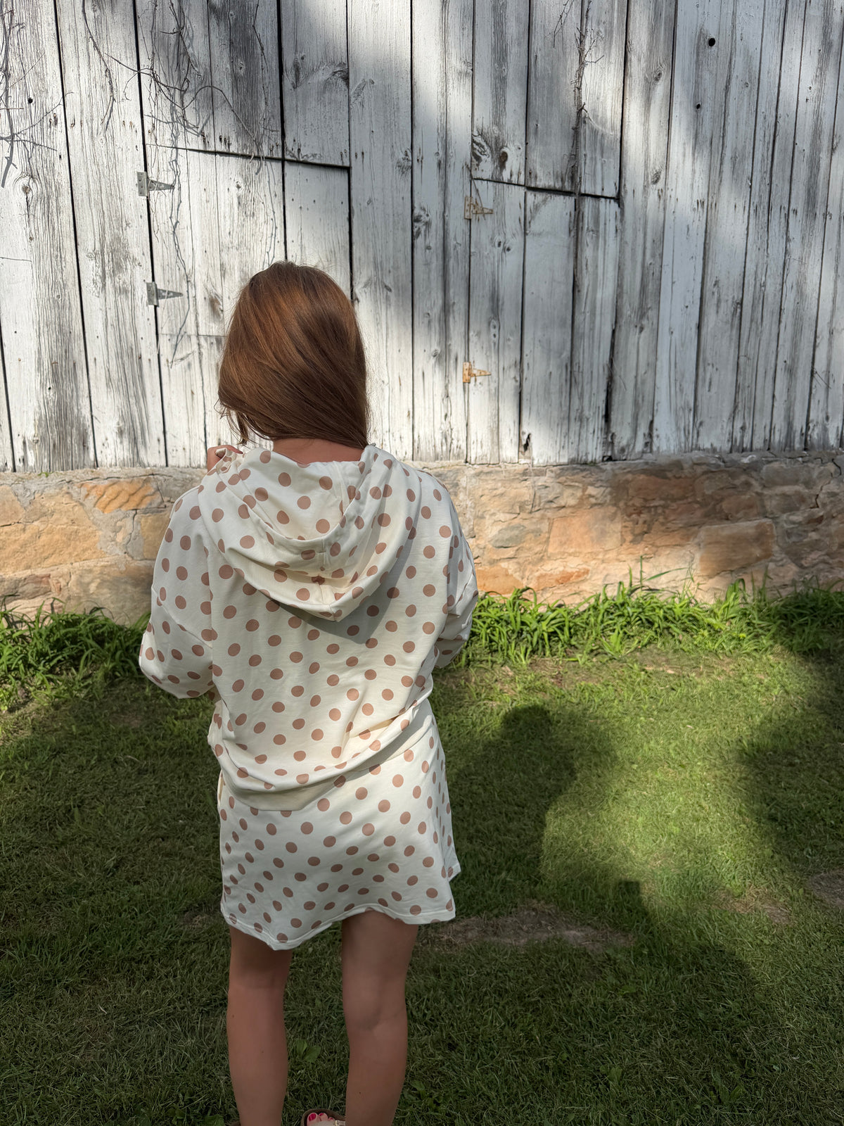 Polka Dot Hooded Long Sleeve Top Casual Mini Skort Set