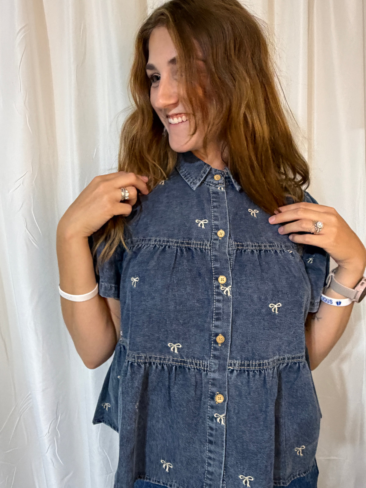 Bow Embroidered Denim Tiered Top
