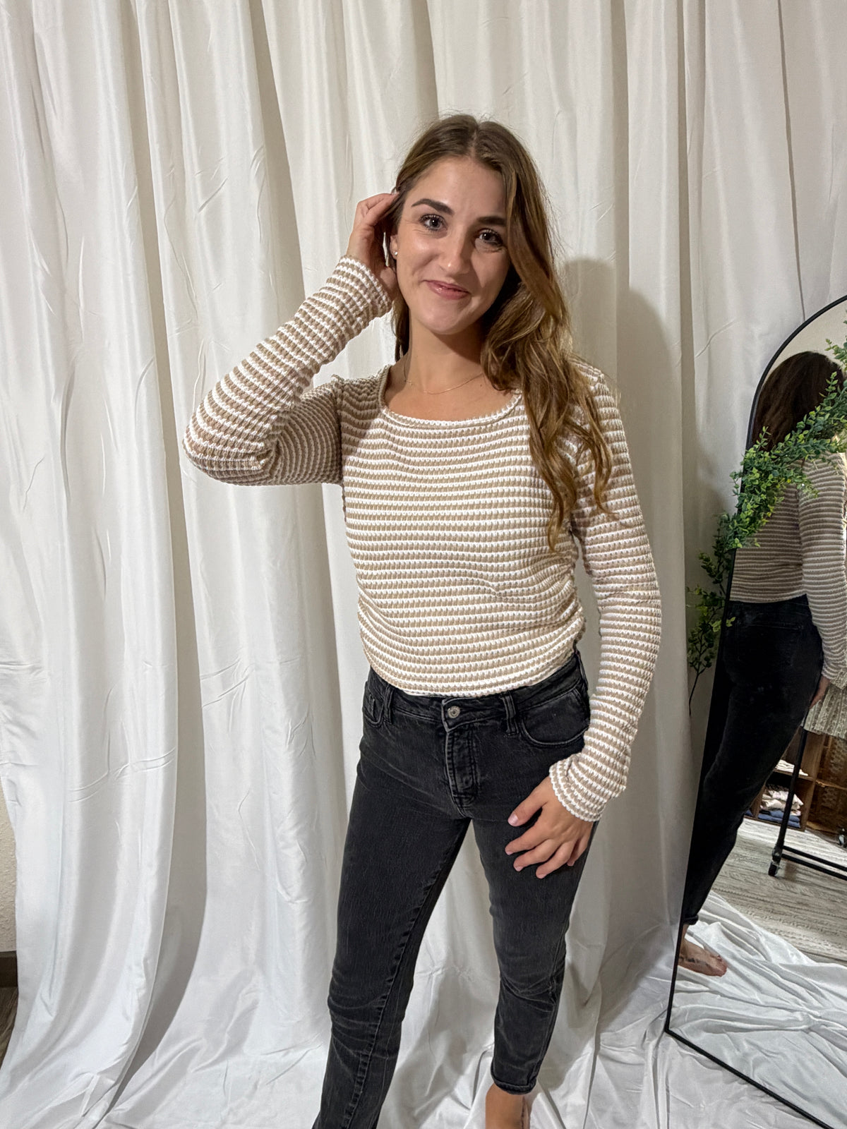 Square Neck Slim Fit Knit Top: Beige