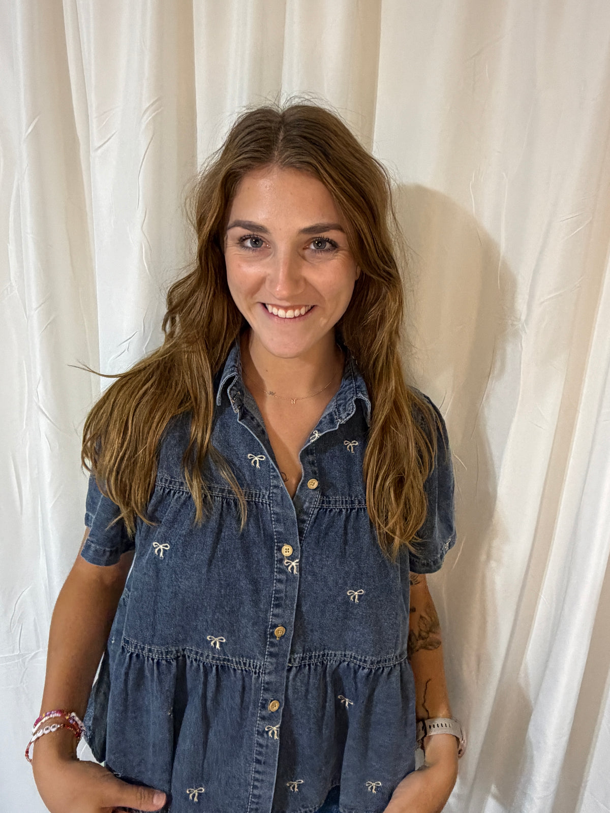 Bow Embroidered Denim Tiered Top