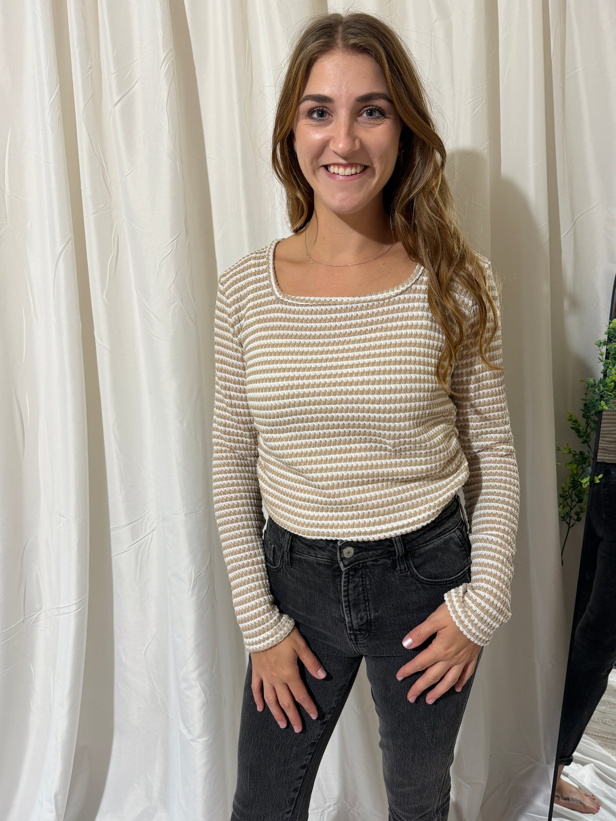 Square Neck Slim Fit Knit Top: Beige