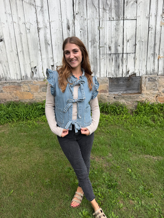Striped Ruffle Sleeve Tie Front Chambray Vest: Washed Denim