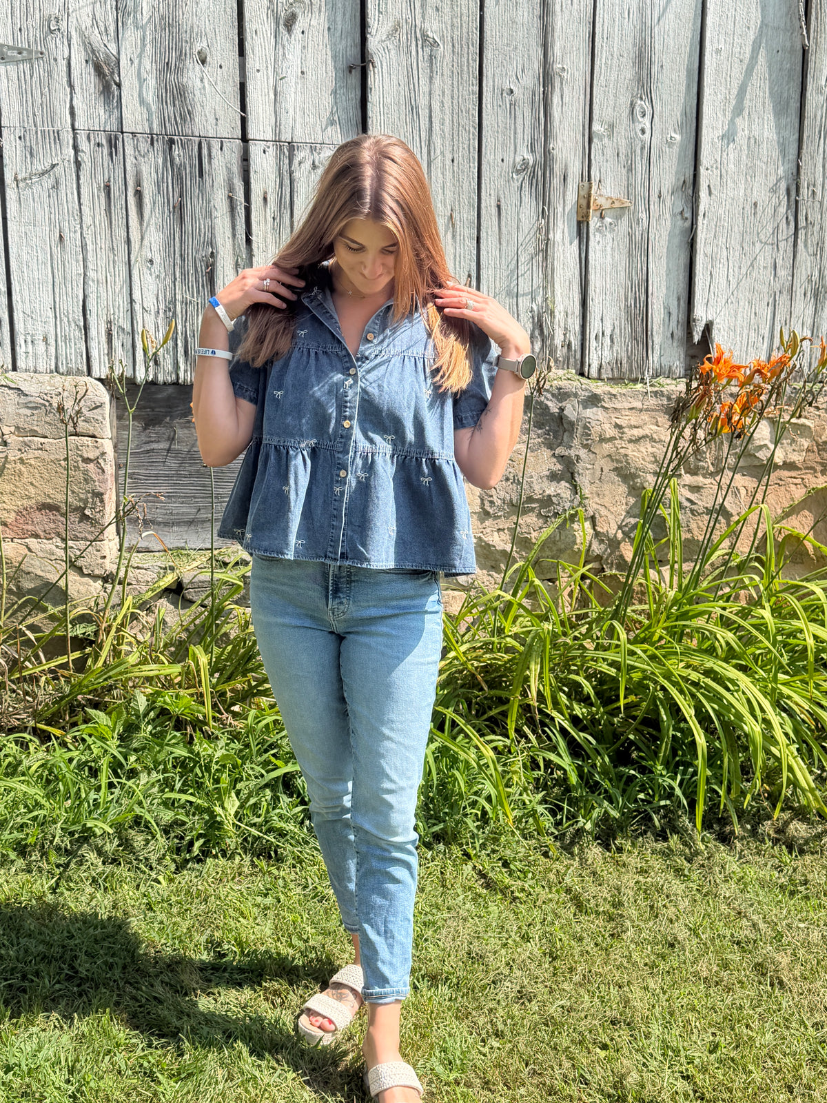 Bow Embroidered Denim Tiered Top