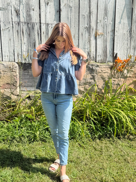 Bow Embroidered Denim Tiered Top