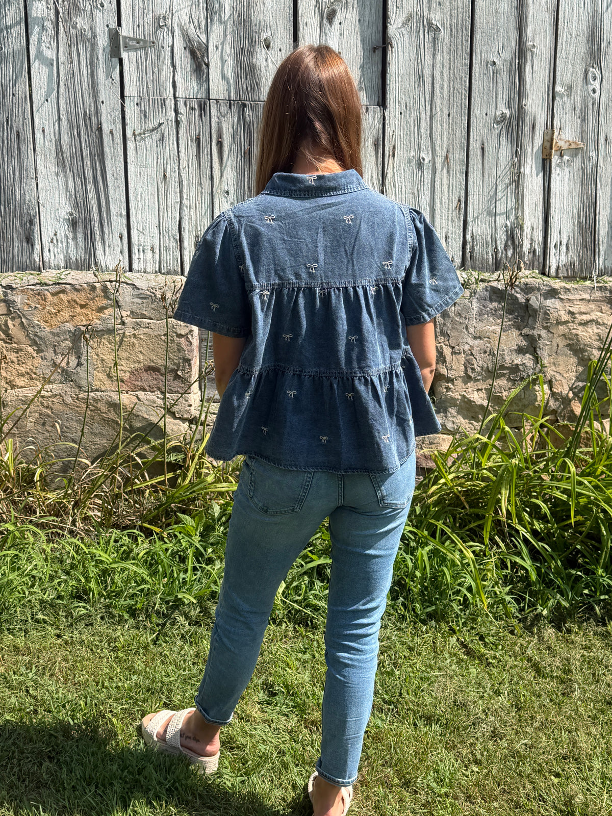 Bow Embroidered Denim Tiered Top