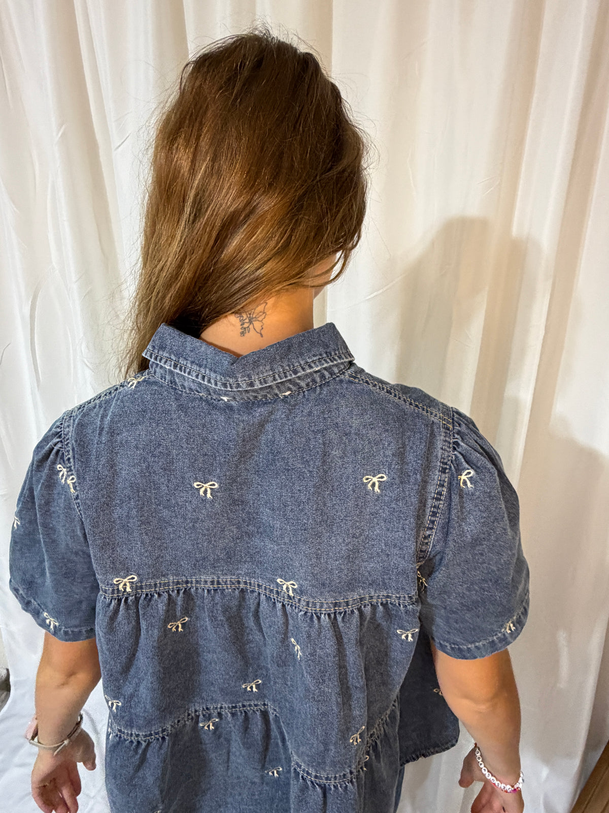 Bow Embroidered Denim Tiered Top